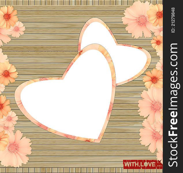 Love greeting card - a wooden background with hearts and flowers. Love greeting card - a wooden background with hearts and flowers