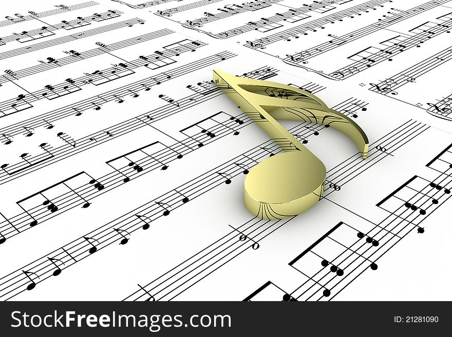 Gold musical note on a background written notes