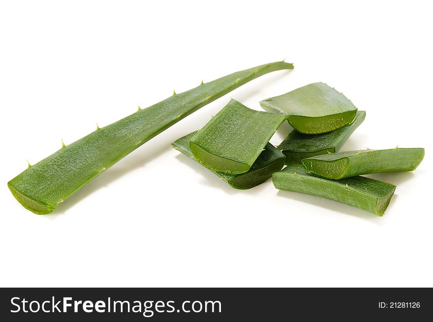 Cut leaf aloe vera on a white background