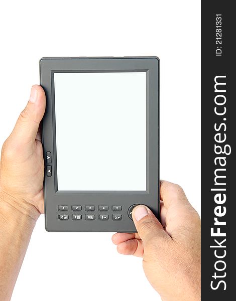 E-book reader device in hands, close up, isolated. E-book reader device in hands, close up, isolated