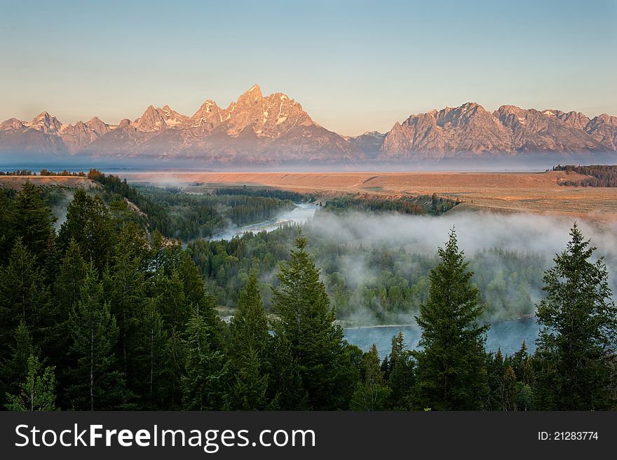 The famous overlook at sunrise in Grand Tetons National Park. The famous overlook at sunrise in Grand Tetons National Park