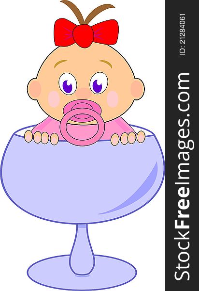 Baby girl (Thumbelina) with red bow in blue glass - comic cartoon vector illustration isolated on white background