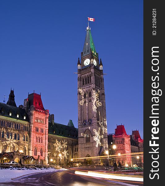 The Canadian Parliament at dusk during the Christmas season. The Canadian Parliament at dusk during the Christmas season.