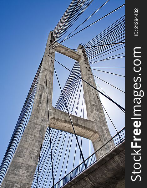 Cable-stayed bridge in Barrios de Luna reservoir, Leon, Spain