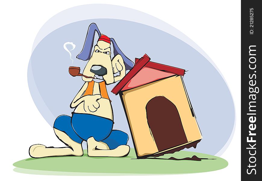 The dog is standing with pipe in his mouth, his head propped on paw and is based on the booth. The dog is standing with pipe in his mouth, his head propped on paw and is based on the booth