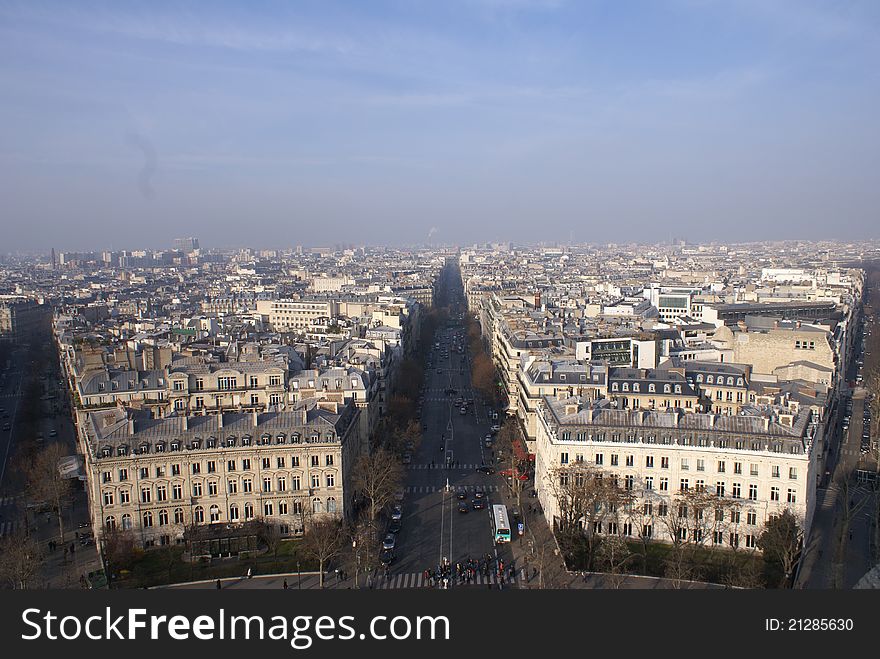 Aerial view of the city of Paris from the top of the Arc de Triomphe. Aerial view of the city of Paris from the top of the Arc de Triomphe
