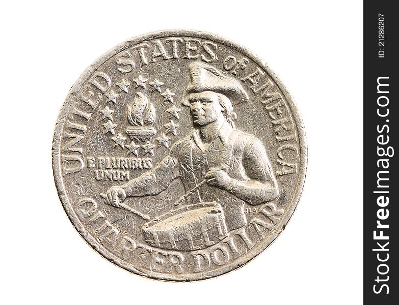 The American coin in a quarter of the American dollar (on a white background). The American coin in a quarter of the American dollar (on a white background)