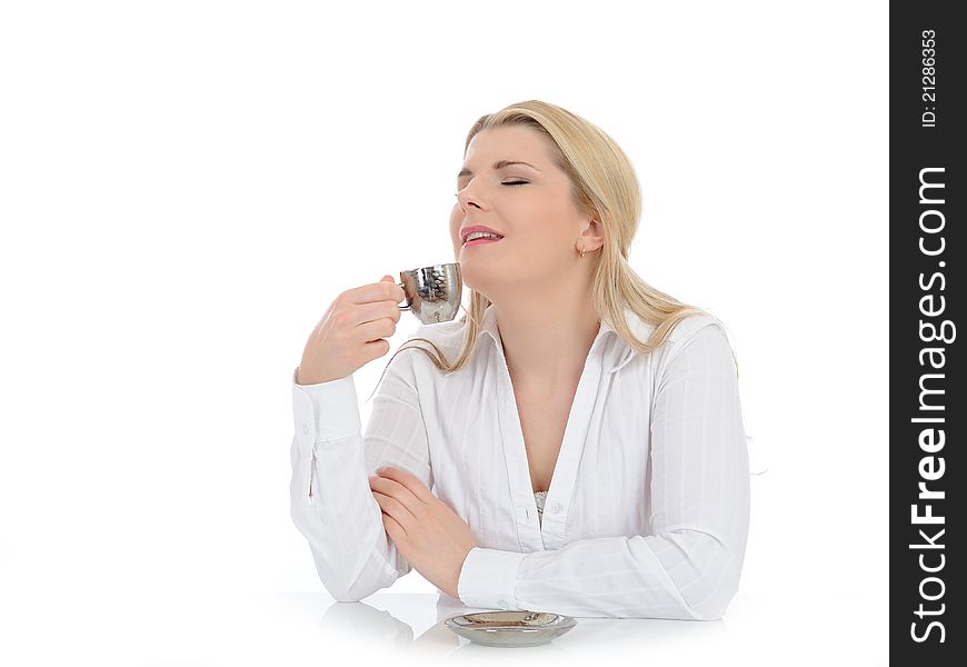 Pretty business woman drinking cup of espresso coffee. isolated on white. Pretty business woman drinking cup of espresso coffee. isolated on white