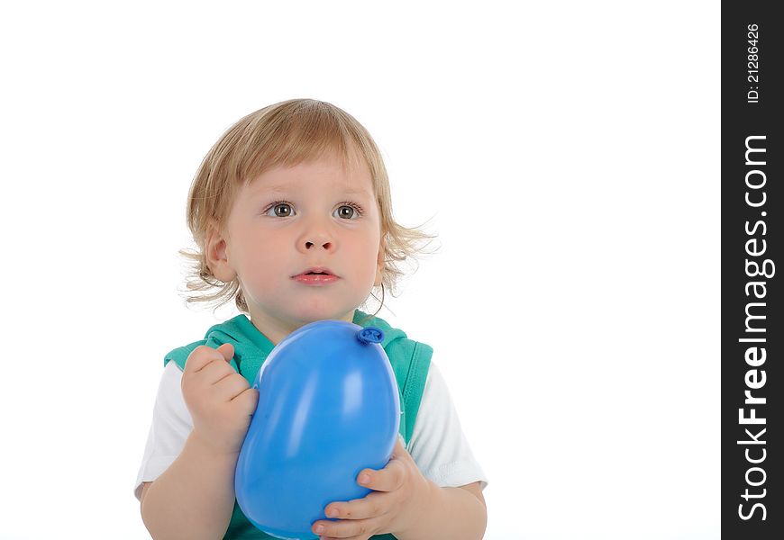 Cute little child smiling and holding a baloon. isolated