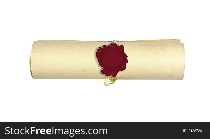 Vintage paper roll with wax seal on white background