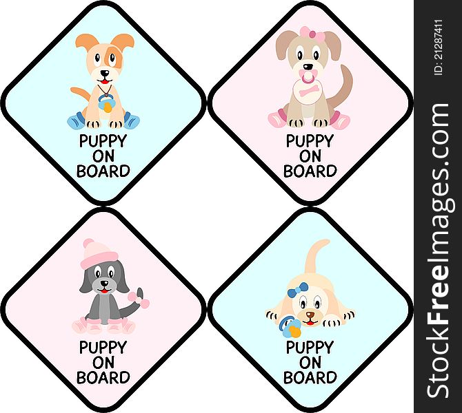 Puppies on board - illustration of four cute puppies stylized like newborn children in traffic sign. Puppies on board - illustration of four cute puppies stylized like newborn children in traffic sign