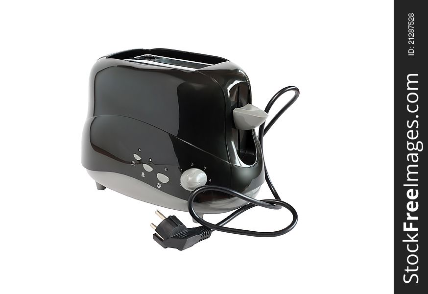 Black toaster with unplugged cable on white background. Isolated with clipping path
