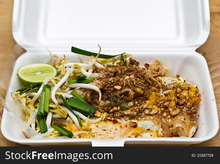 Delicious Thai food with vegetables on foam box. Delicious Thai food with vegetables on foam box.