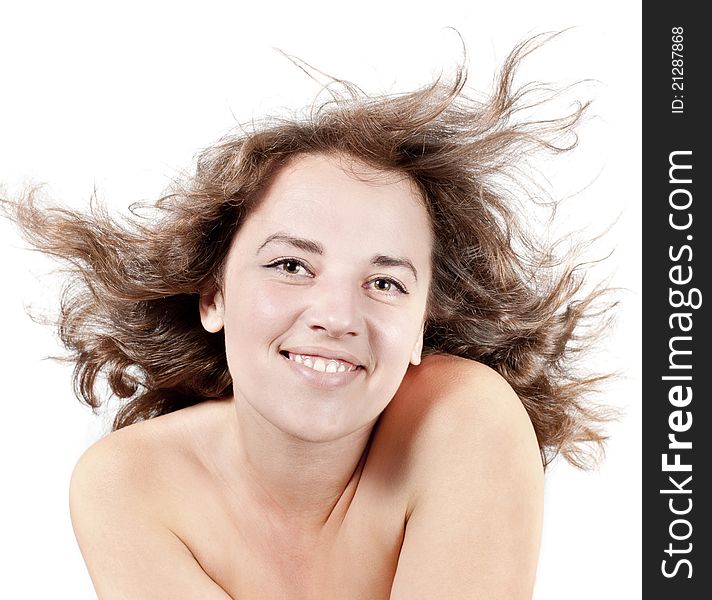 Woman With Hair Blown By Wind On White