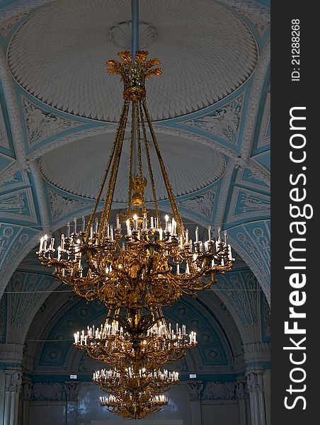 Gold chandeliers in the Hermitage in St. Petersburg