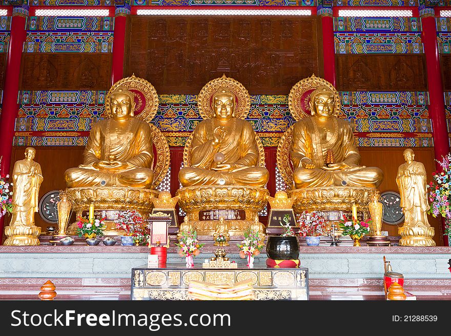 3 Buddha Statue in Chinese Temple, Bangkok Thailand