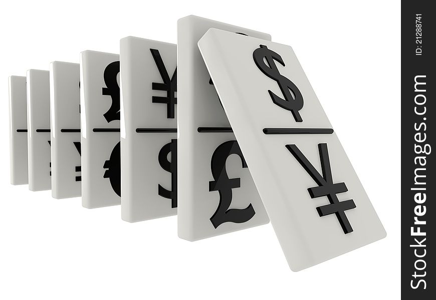 Domino with euro, dollar, pound and yen currency signs. Domino with euro, dollar, pound and yen currency signs