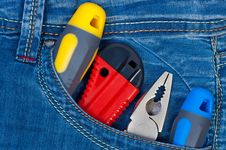 Set Construction Tools In Pocket Jeans. Royalty Free Stock Photo Set Construction Tools In Pocket Jeans. Royalty Free Stock Photo