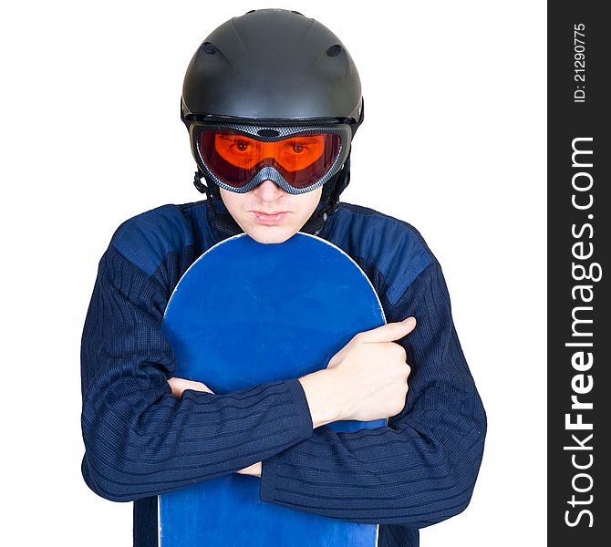 Portrait Of Boy In Sportswear With Snowboard