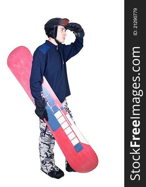 Portrait of handsome boy in sportswear with snowboard isolated on a white background. Portrait of handsome boy in sportswear with snowboard isolated on a white background