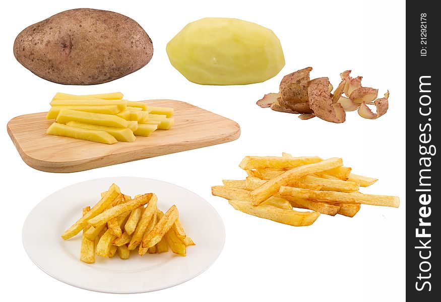 The process of making fried potatoes .Isolated on white. The process of making fried potatoes .Isolated on white