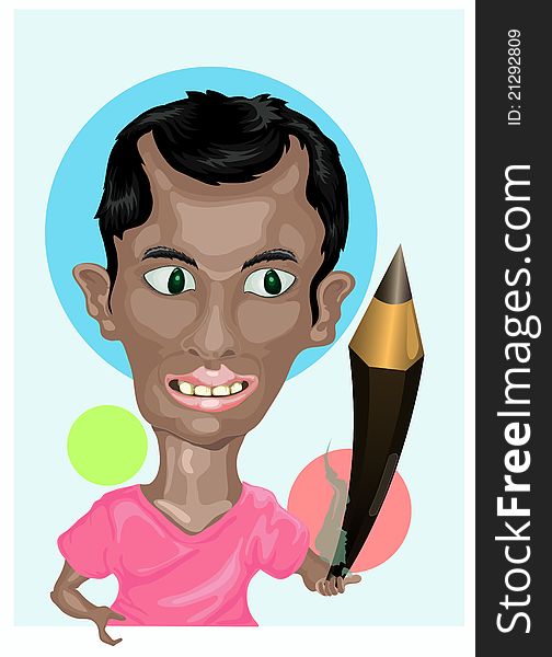 Illustration of young illustrator in pink shirt holding pencil. Illustration of young illustrator in pink shirt holding pencil