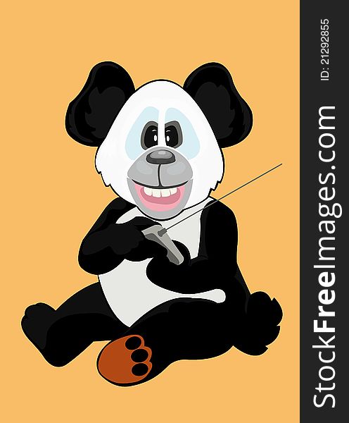 Illustration of black cute panda holding remote control