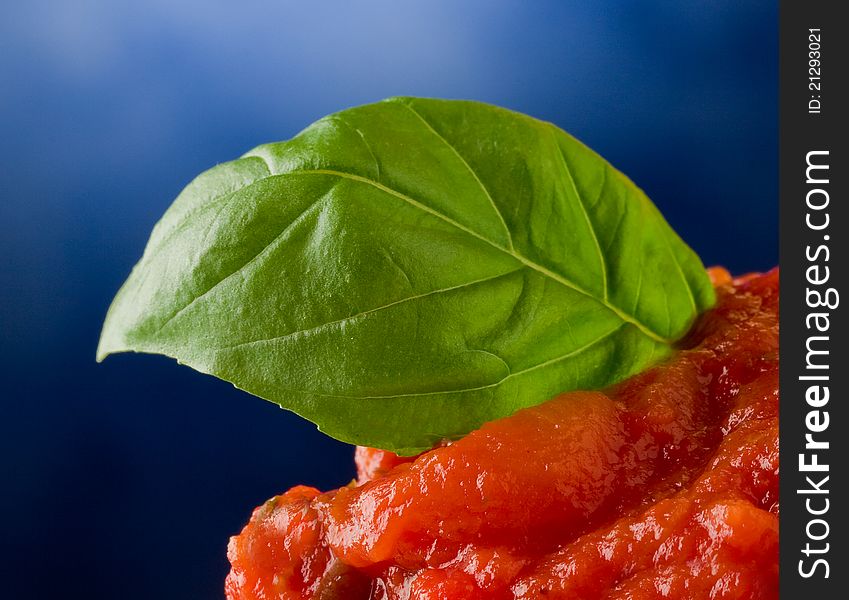Photo of tasty background of tomato sauce and basil leaf. Photo of tasty background of tomato sauce and basil leaf