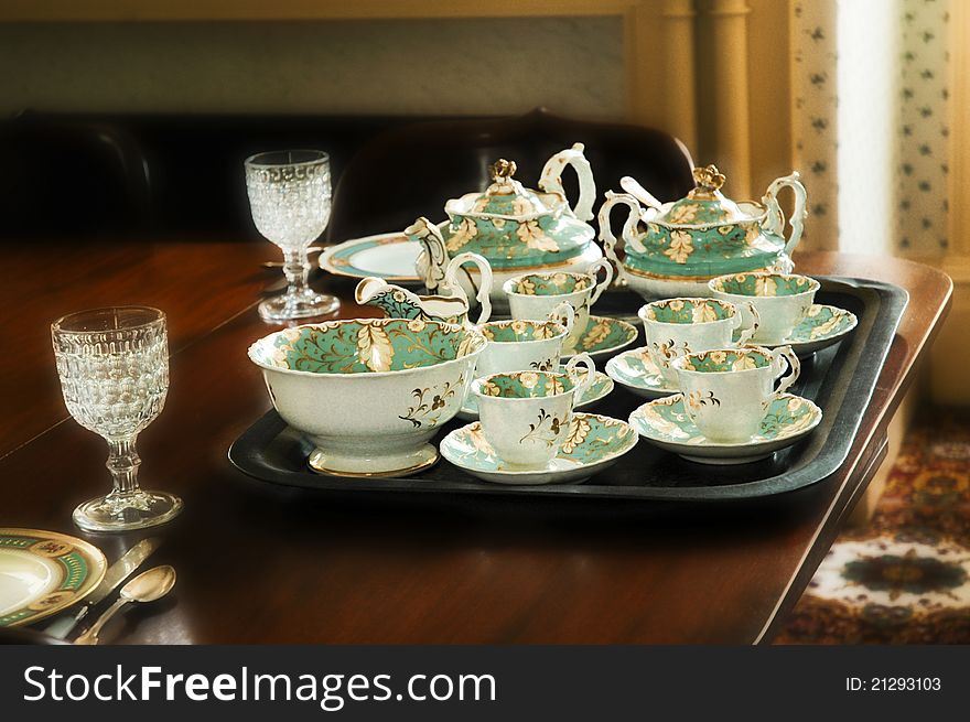 Table setting of victorian floral tea cups. Table setting of victorian floral tea cups