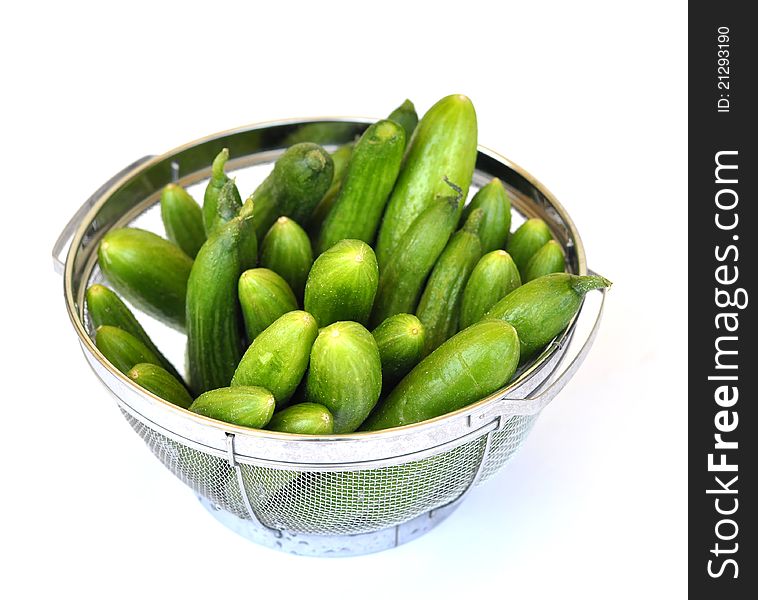 Freshly picked cucumbers in a strainer waiting to be rinsed with water. Freshly picked cucumbers in a strainer waiting to be rinsed with water