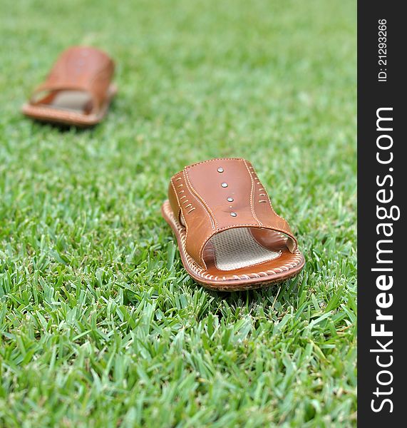 A pair of leather slippers walking on a grass. The slippers are left while the one wearing them took them off to walk on natural grounds. A pair of leather slippers walking on a grass. The slippers are left while the one wearing them took them off to walk on natural grounds