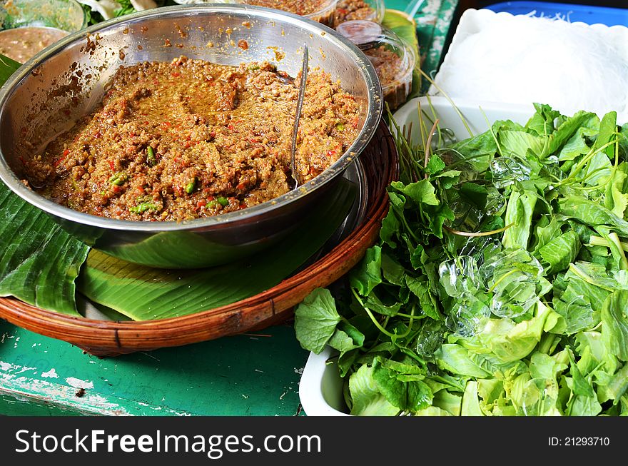 Thai spicy sauce with side vegetables , Asian style food