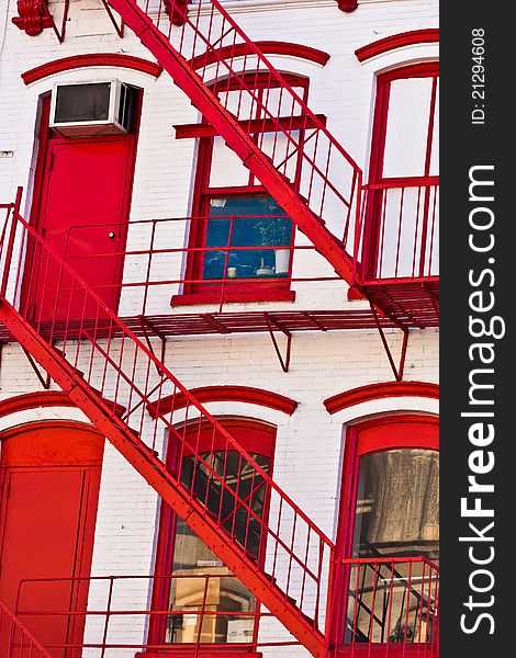 Fire ladder at old houses downtown in New York