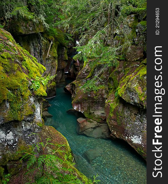 Beautiful turquoise mountain stream among mossy green boulders in Glacier National Park, Montana. Beautiful turquoise mountain stream among mossy green boulders in Glacier National Park, Montana.