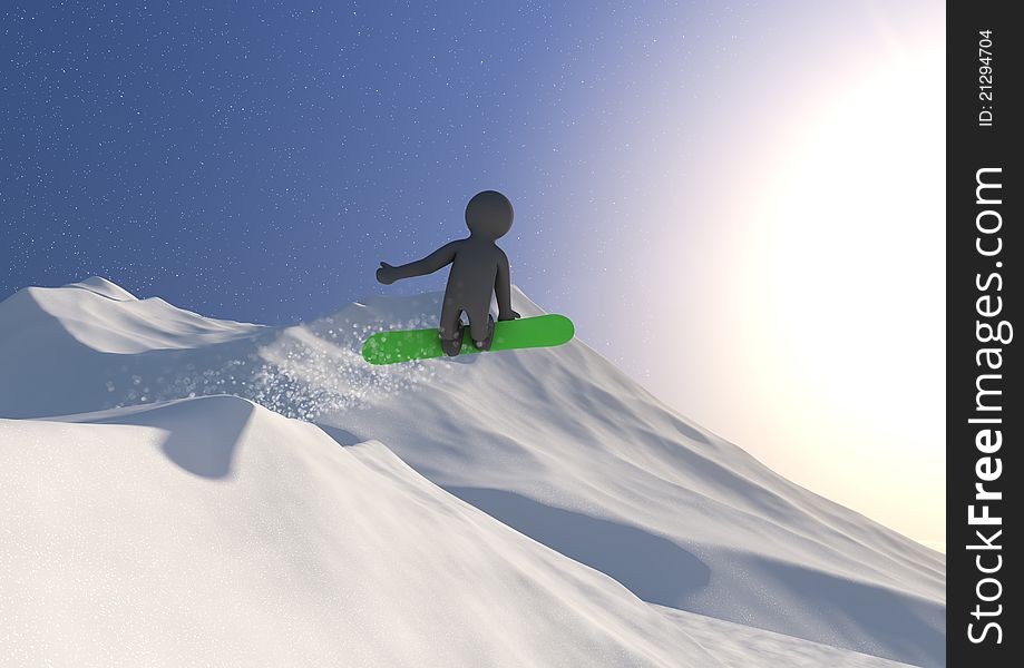 Render of an abstract snowboarder in mid-air. Render of an abstract snowboarder in mid-air