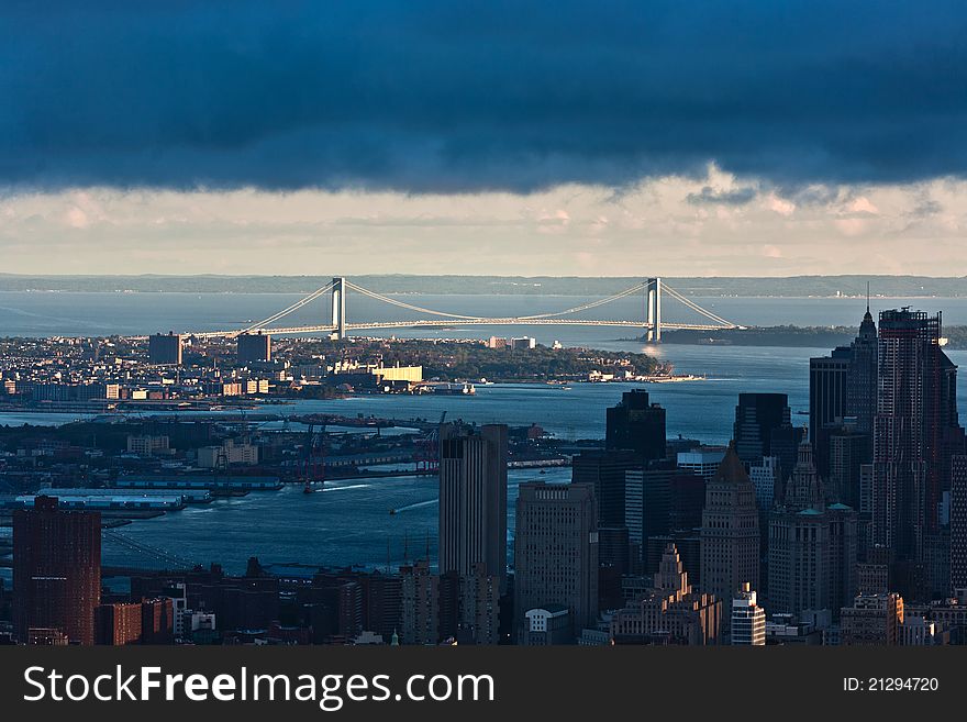 Aerial panoramic view over upper Manhattan from Empire State building top New York to Hudson and bridge