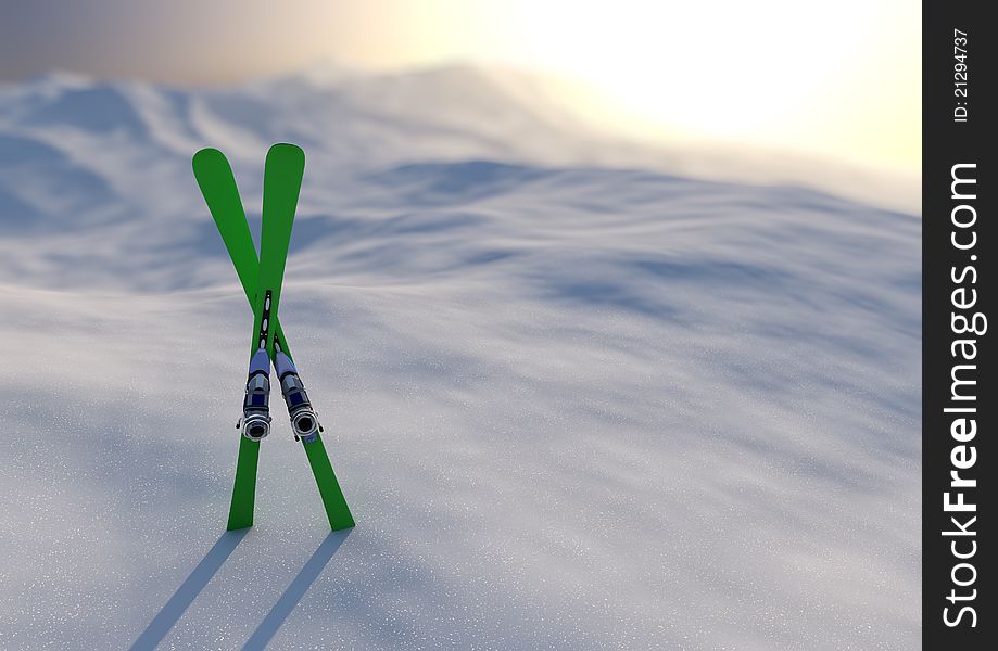 Render of a pair of skis in a snowy landscape. Render of a pair of skis in a snowy landscape