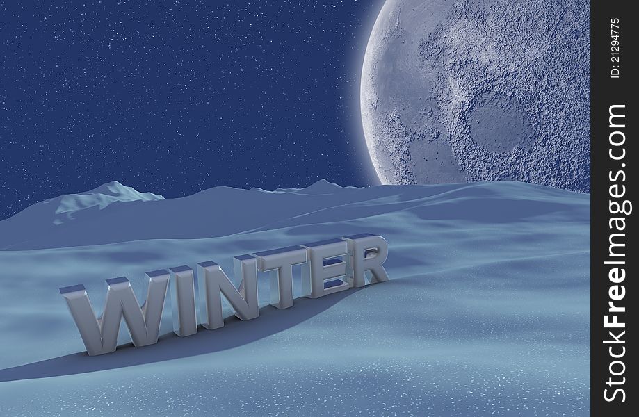 Render of a winter landscape with text. Render of a winter landscape with text