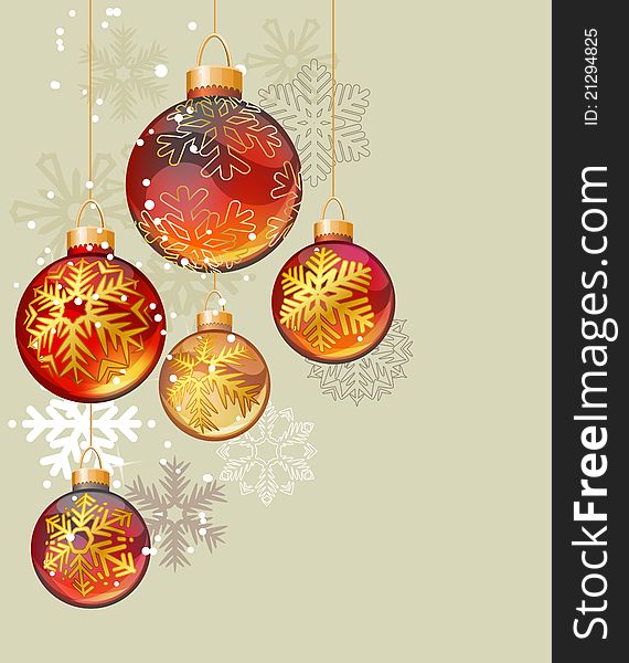 Christmas background with glass balls and contour snowflakes