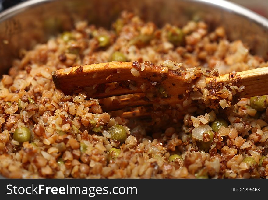 Buckwheat cereal background texture in pan nature foot