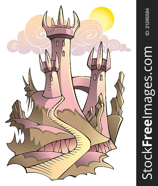 Castle - secure stronghold with several towers, lit by morning sun, vector illustration. Castle - secure stronghold with several towers, lit by morning sun, vector illustration