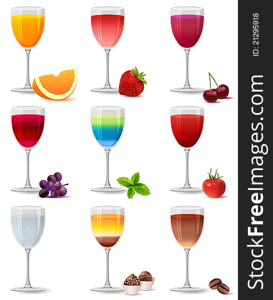 Different detailed realistic cocktails and juices on white. Different detailed realistic cocktails and juices on white