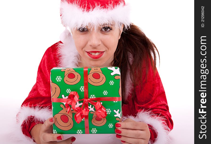 Santa Claus has a gift box in her hands. Santa Claus has a gift box in her hands