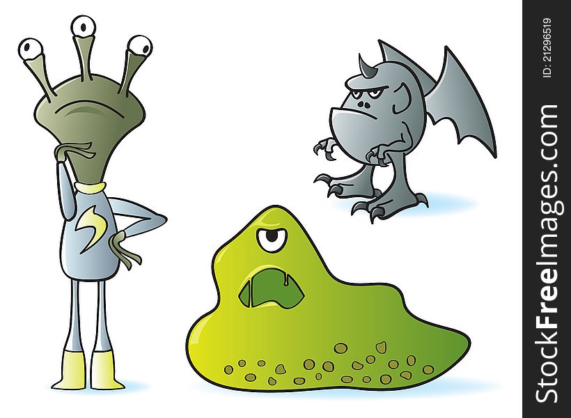 Three classic cartoon monsters. One alien, one blob, and a gray gargoyle creature.