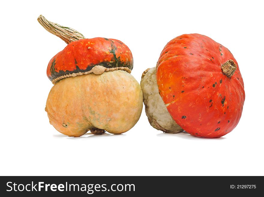 A two small pumpkins with hat on a white background