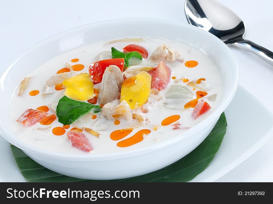 Close up view of nice delicious Thai soup on white back. Close up view of nice delicious Thai soup on white back
