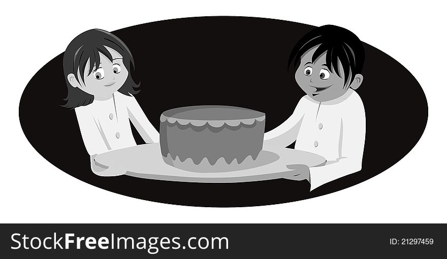 Cartoon illustration of a chef's cake grayscale
