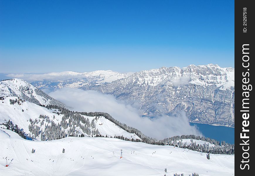 Slope on the skiing resort Flumserberg. Switzerland. Slope on the skiing resort Flumserberg. Switzerland