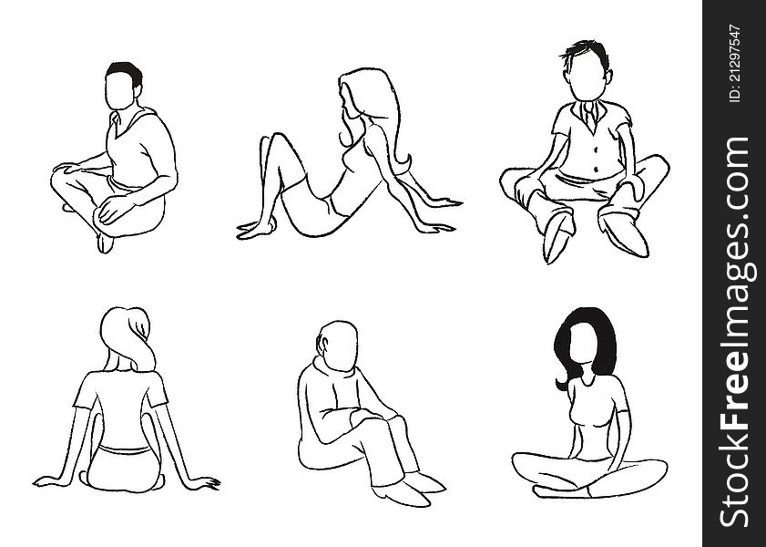 Cartoon outline illustration of sitting people. Cartoon outline illustration of sitting people
