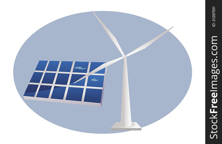 Cartoon illustration of a solar panel and wind turbine